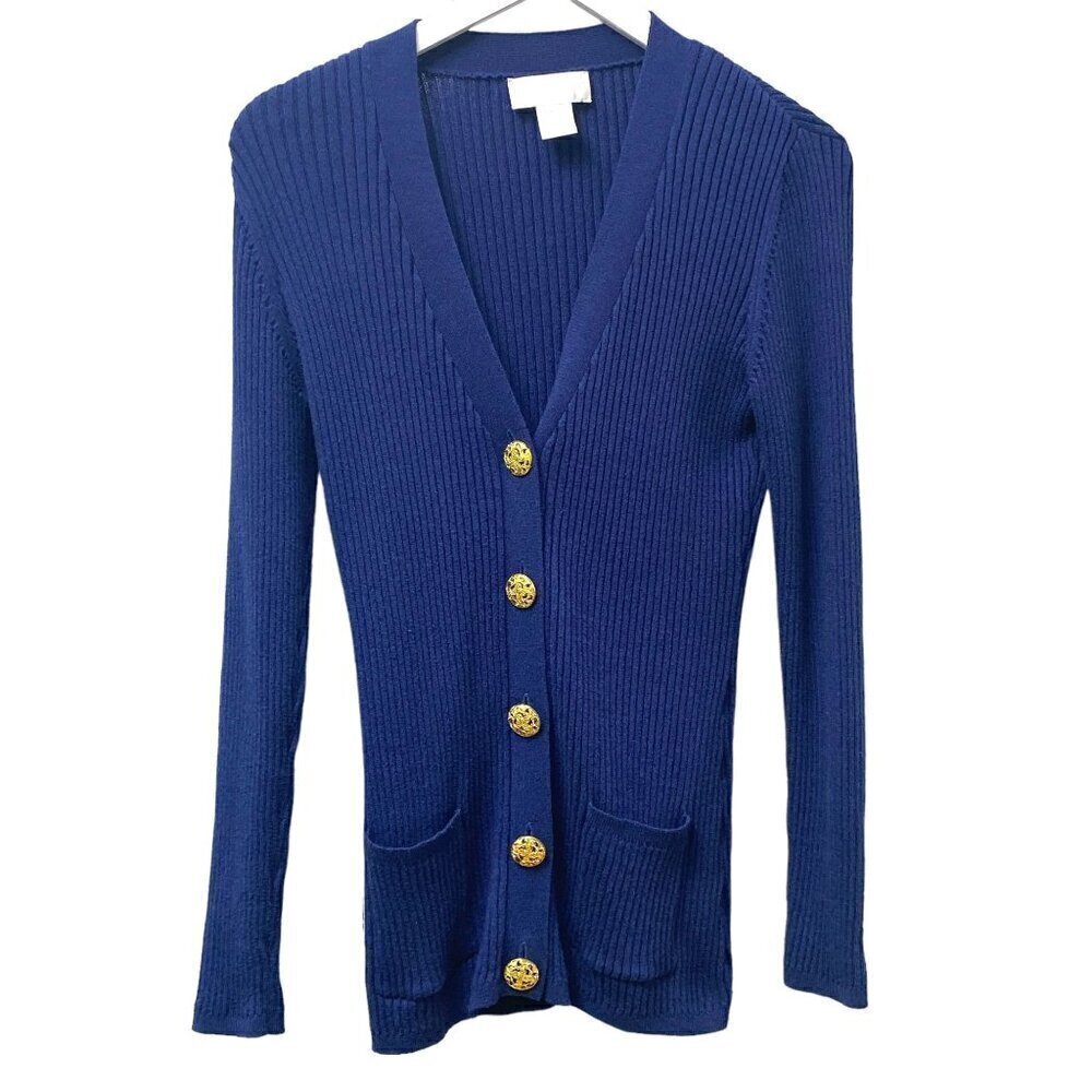 SOFT SURROUNDINGS Cardigan Sweater S/M Blue Ribbed Knit Cotton Blend
